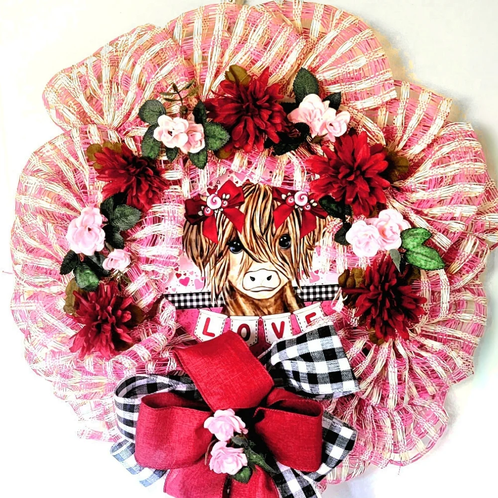 Love Highland Cow Wreath Deco Mesh Bow Flowers Anniversary Burthday Gift